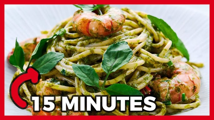 15-Minute Spicy Shrimp with Pesto Noodles