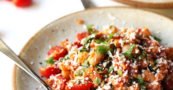 Asiago White Beans with Farro, Kale, and Tomatoes