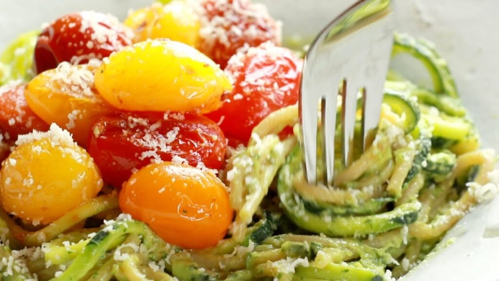 Burst Tomato Zucchini Spaghetti with Avocado Sauce