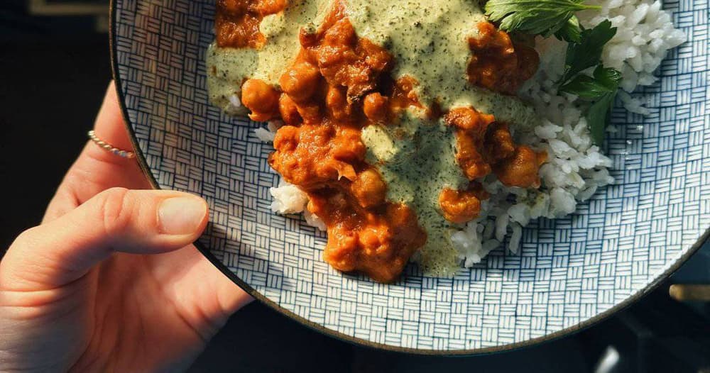 Butter Cauliflower and Chickpeas with Mint Cilantro Sauce