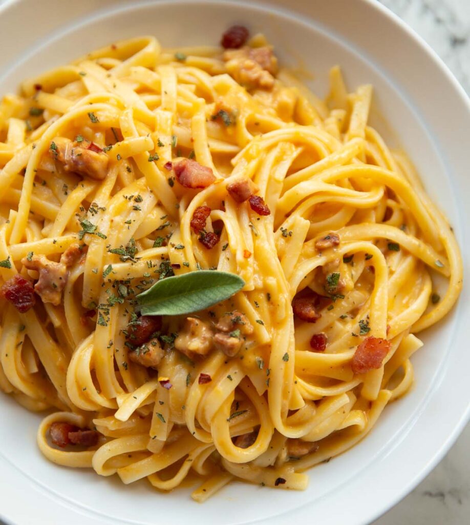 Creamy Squash Fettuccine with Caramelized Onion and Pancetta