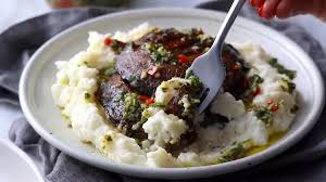 Grilled Chimichurri Portobellos with Goat Cheese Mashed Potatoes