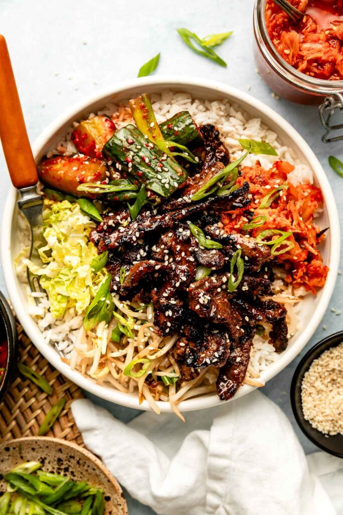 Korean BBQ Steak Bowls with Spicy Sesame Dressing