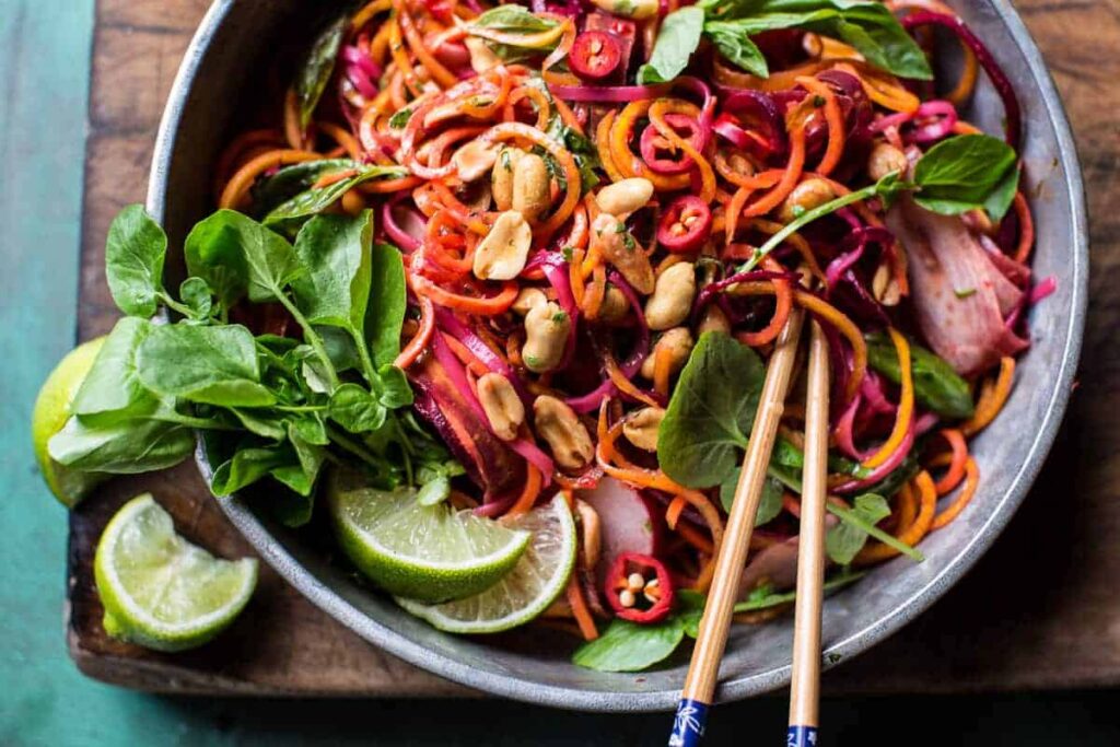 Rainbow Vegetarian Pad Thai with Peanuts and Basil