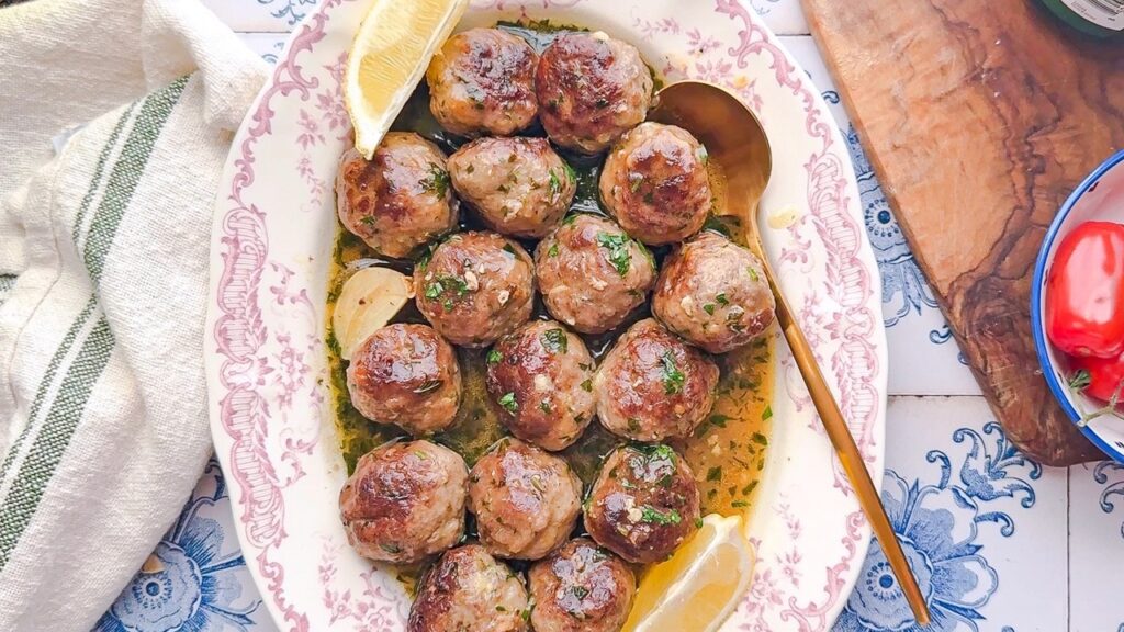 Sheet Pan Meatballs with Tomato Salad and Green Sauce