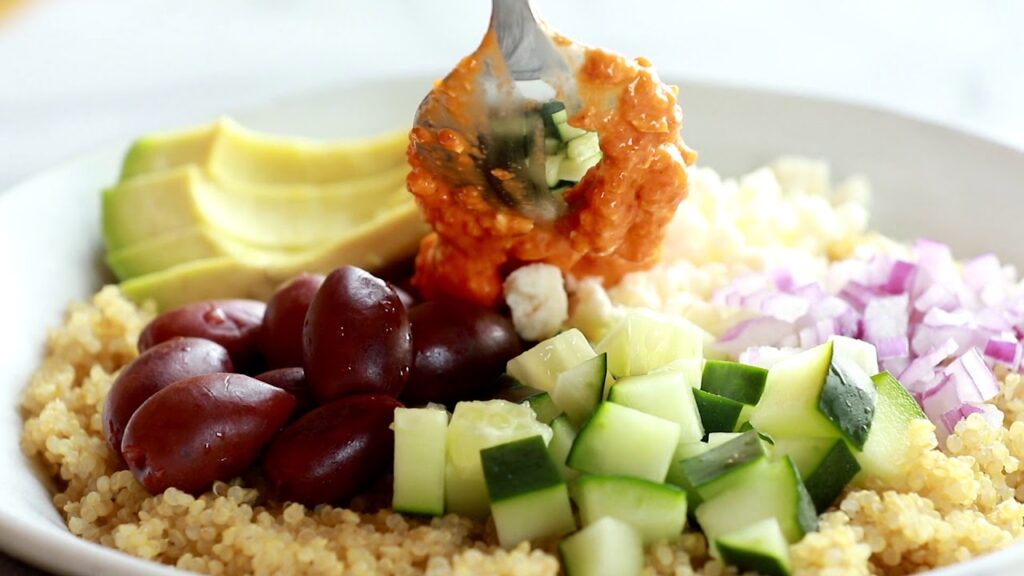 Mediterranean Quinoa Bowls with Roasted Red Pepper Sauce