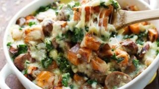 Sweet Potato Kale Sausage Bake with White Cheese Sauce